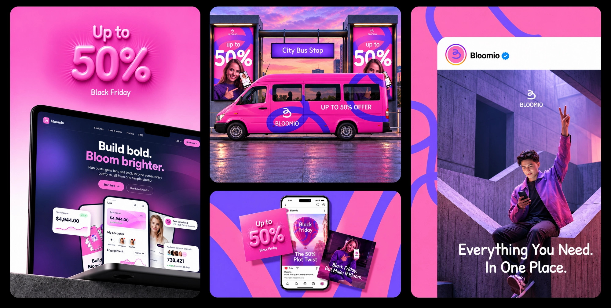Bloomio Black Friday campaign: social posts, phone screens and promo visuals