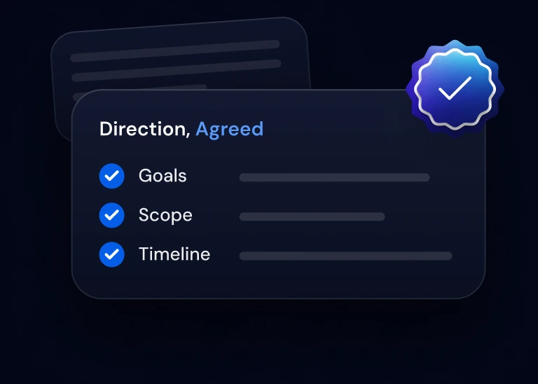 Direction agreed card with goals, scope and timeline checked