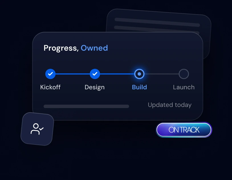 Progress owned card showing kickoff, design, build and launch steps on track