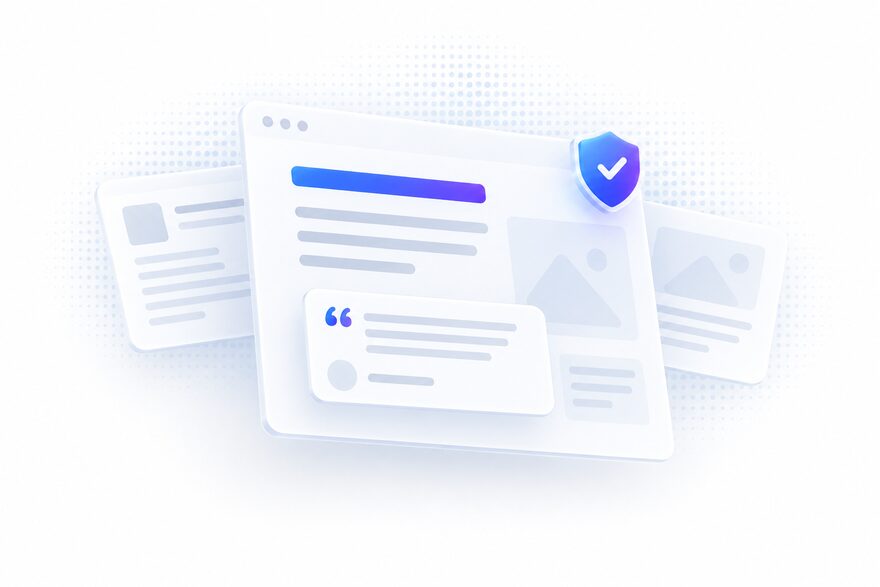 Web page with a verified shield and testimonial card, illustrating trust