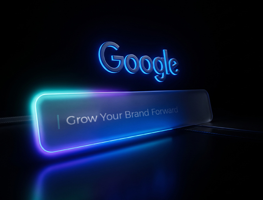 Glowing Google logo above a search bar reading Grow Your Brand Forward